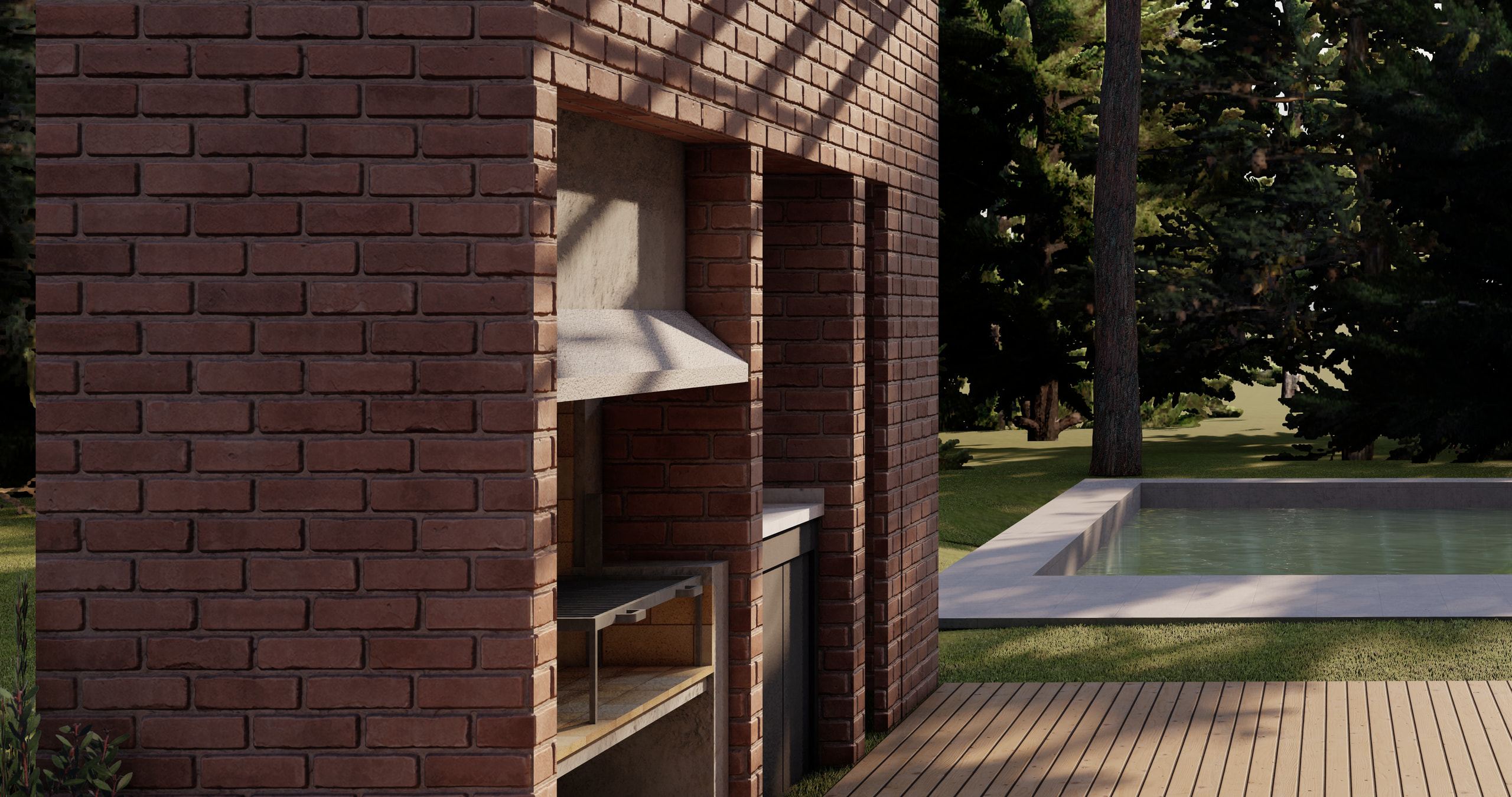 Detail of the brick barbecue under the pergola, with beam shadows on the wall and the pool beyond.