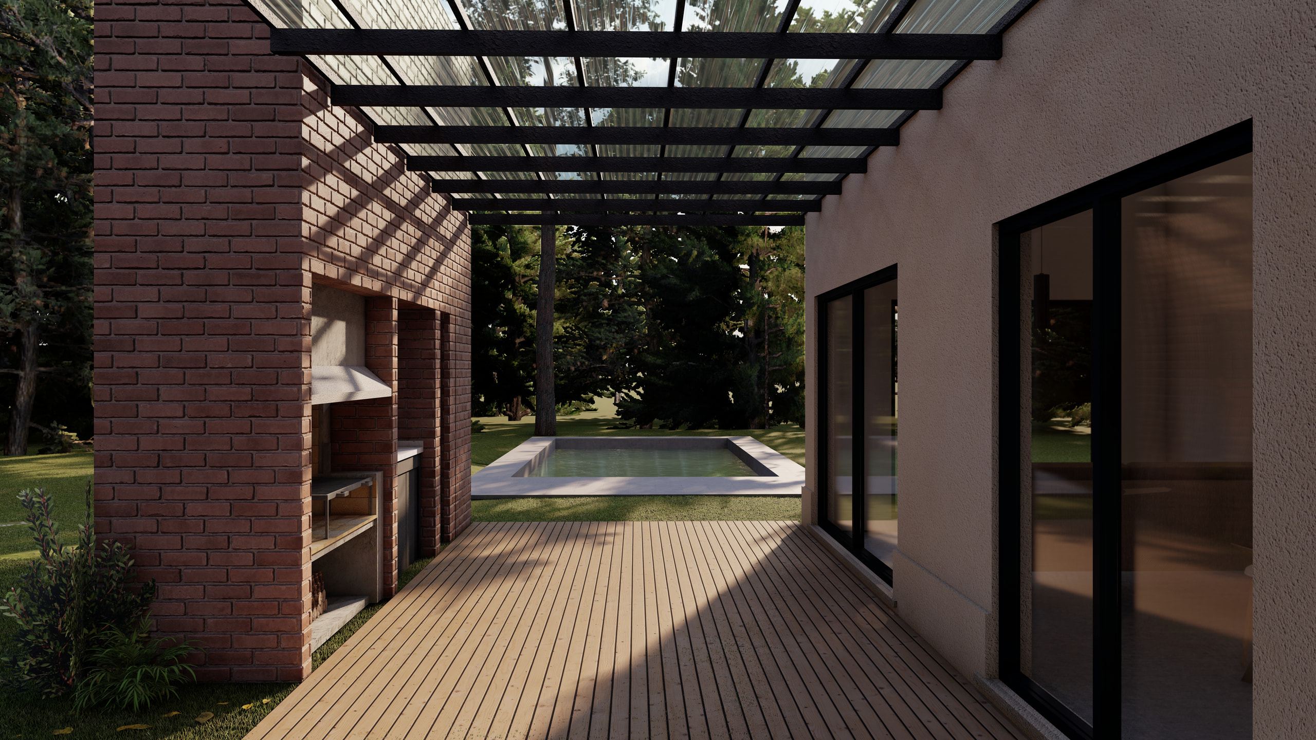 Casa J1 gallery under a pergola of dark beams, brick barbecue on the left, timber deck and the pool beyond.