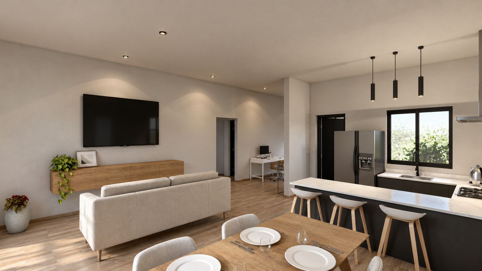 Top-floor living and dining room: a light sofa, a timber table and a kitchen with a breakfast bar and stools.