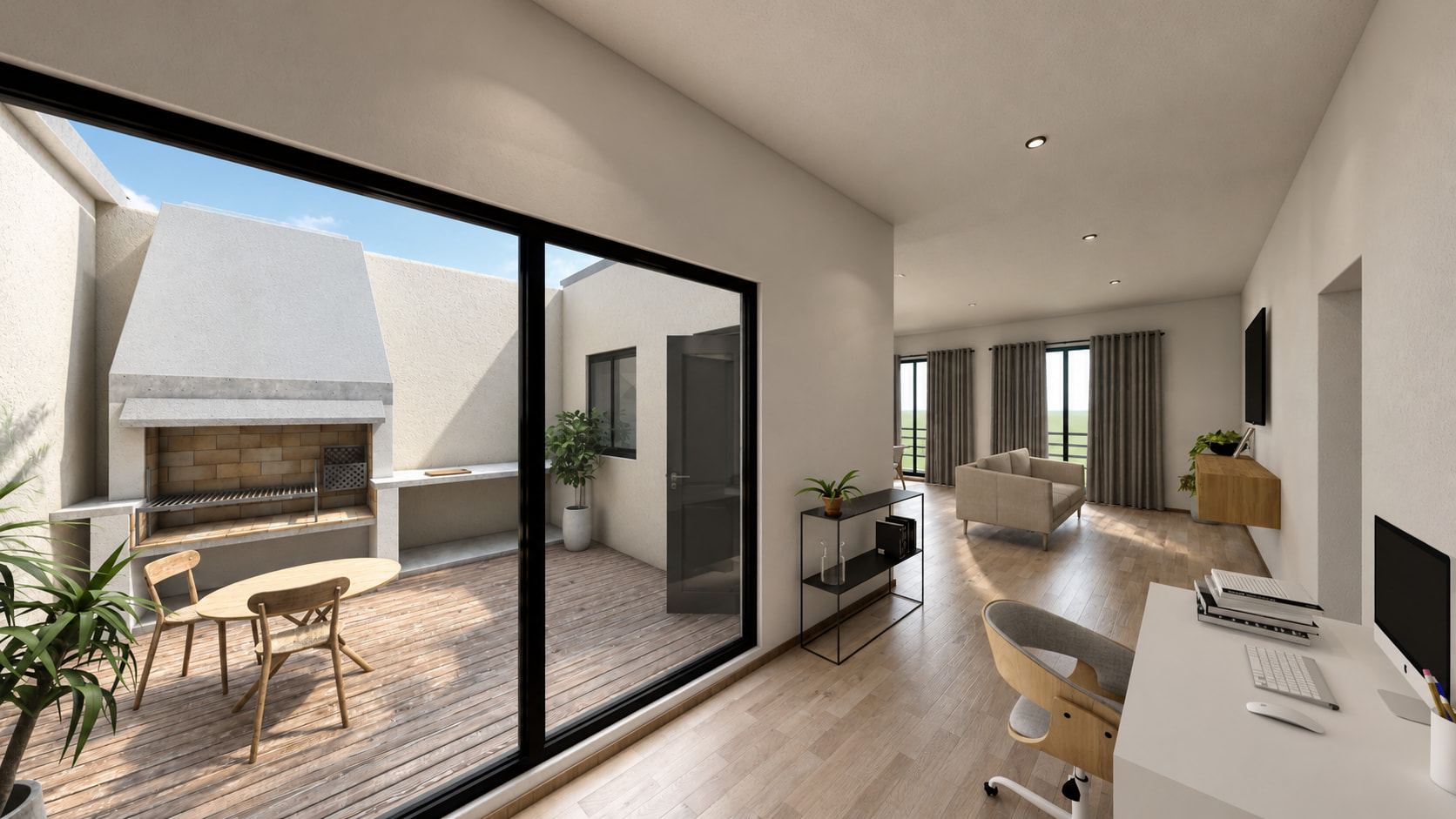 Top-floor apartment: living room with a desk and a sliding window onto the deck with a barbecue.