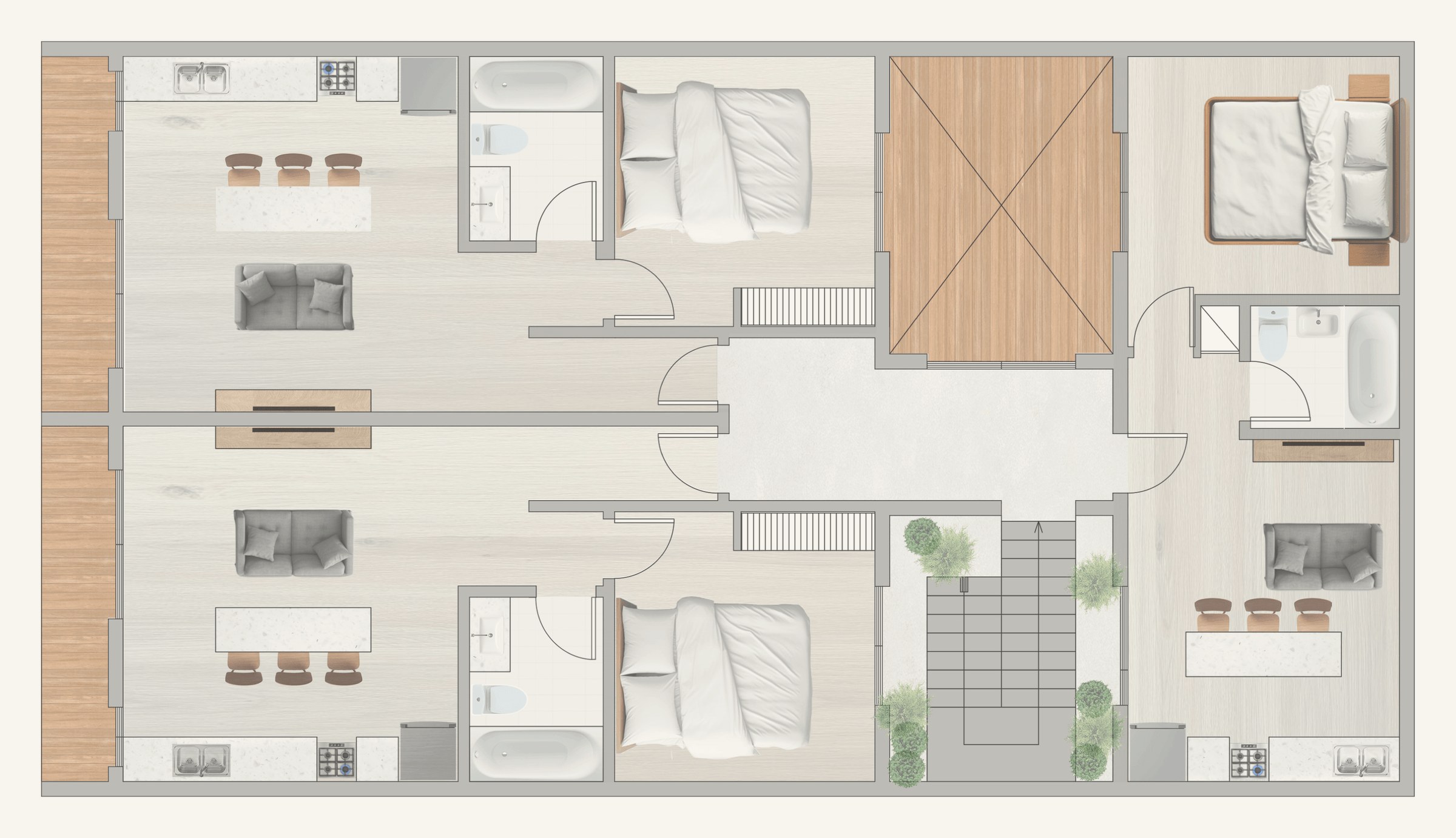 Furnished colour plan of the first floor: two apartments facing the front and a third at the rear, around the landing, stair and lift.