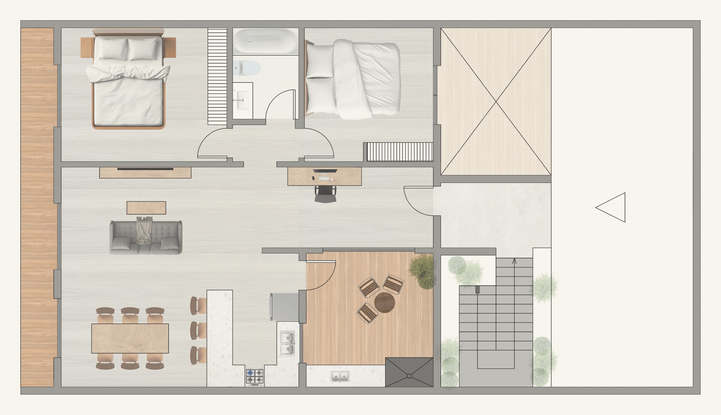 Furnished colour plan of the second floor: a two-bedroom apartment with dining room, a kitchen with a breakfast bar and a terrace with a table.