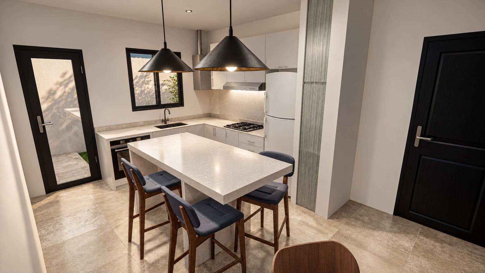 Render of the new kitchen: a light quartz island, blue upholstered stools and two black conical pendants.