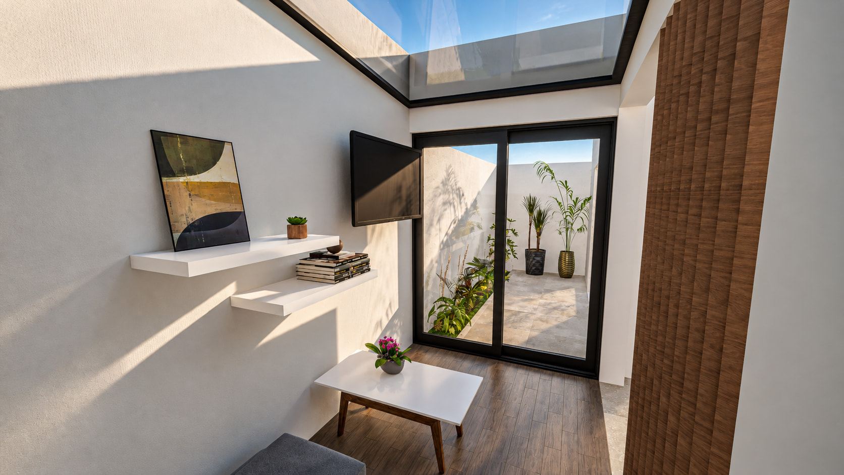 Render of the living room in the former courtyard, with a glass roof and a sliding door to the patio.