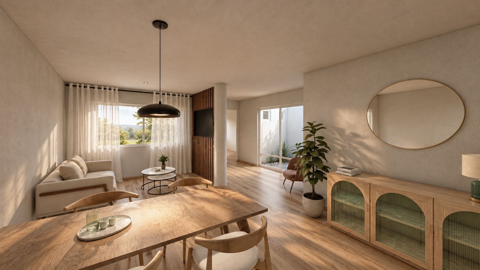 Dining and living room of a renovated apartment in La Plata: timber table, light chairs, a sideboard with glazed doors and an oval mirror, with afternoon light through the window.