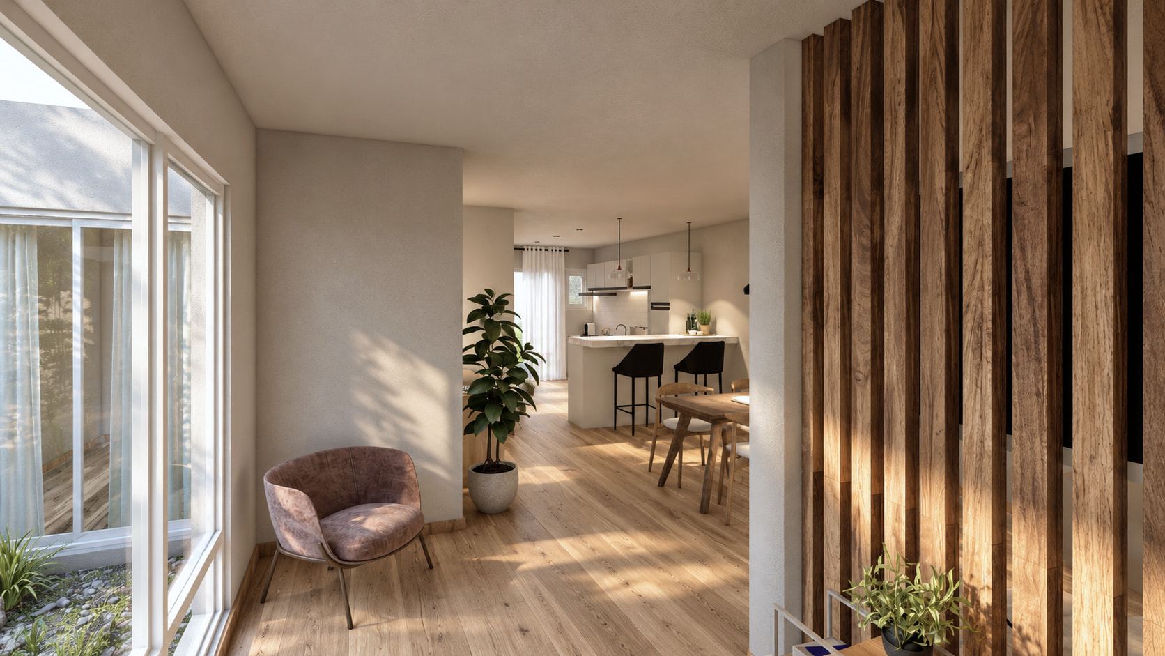 Corridor beside a window to the patio: a pink armchair, a plant and a timber-slat screen; the dining area and kitchen bar beyond.
